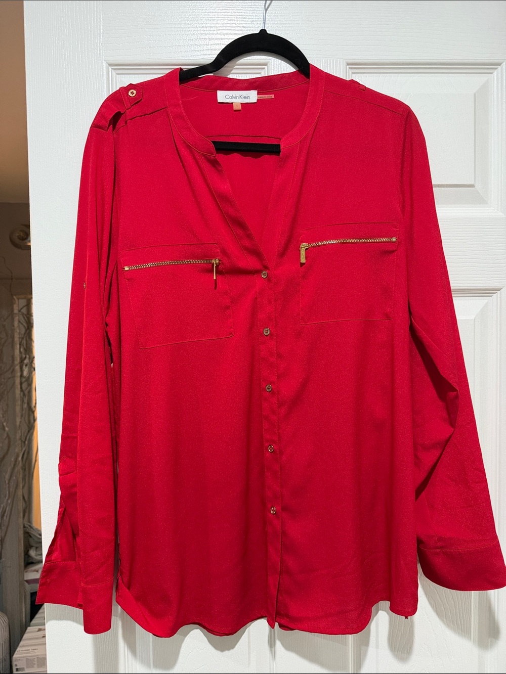 Calvin Klein Vibrant Red Long-Sleeve Button-Down Shirt with Zip Pockets
